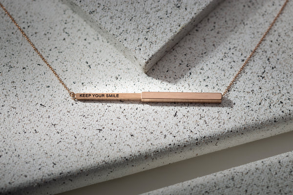 Keep Your Smile Hidden Affirmation Message Necklace In Rose Gold Finish by My Focus Jewelry